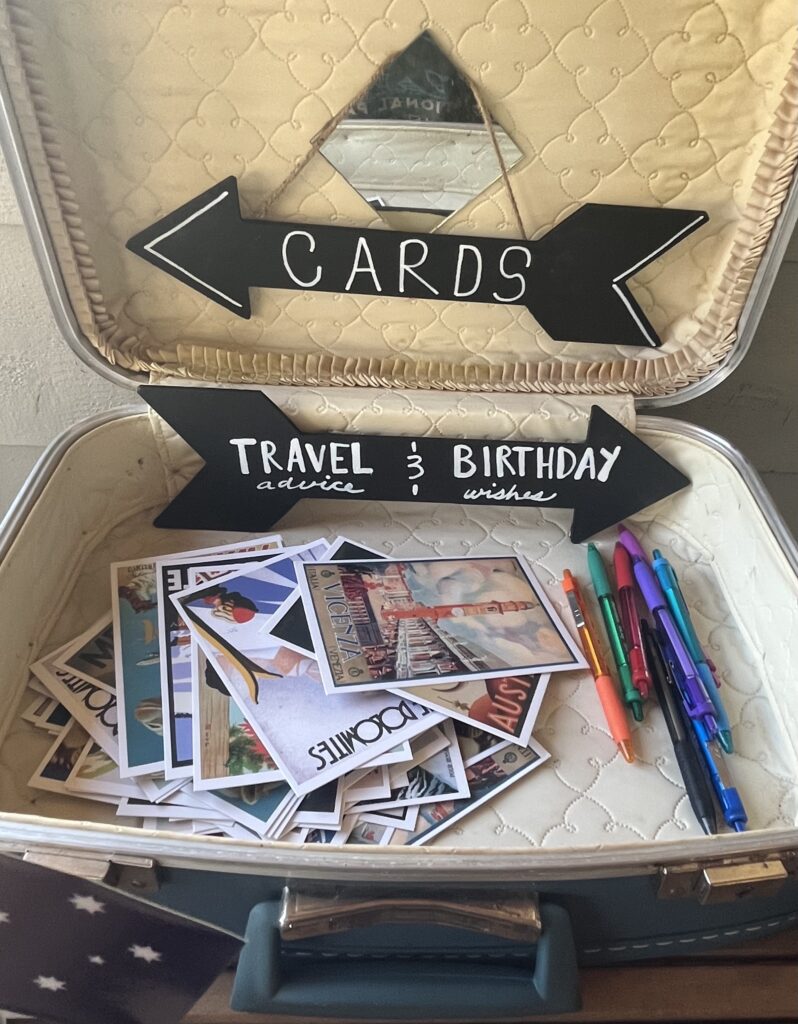 Vintage suitcase used as a card box with chalkboard arrows at a travel-themed birthday