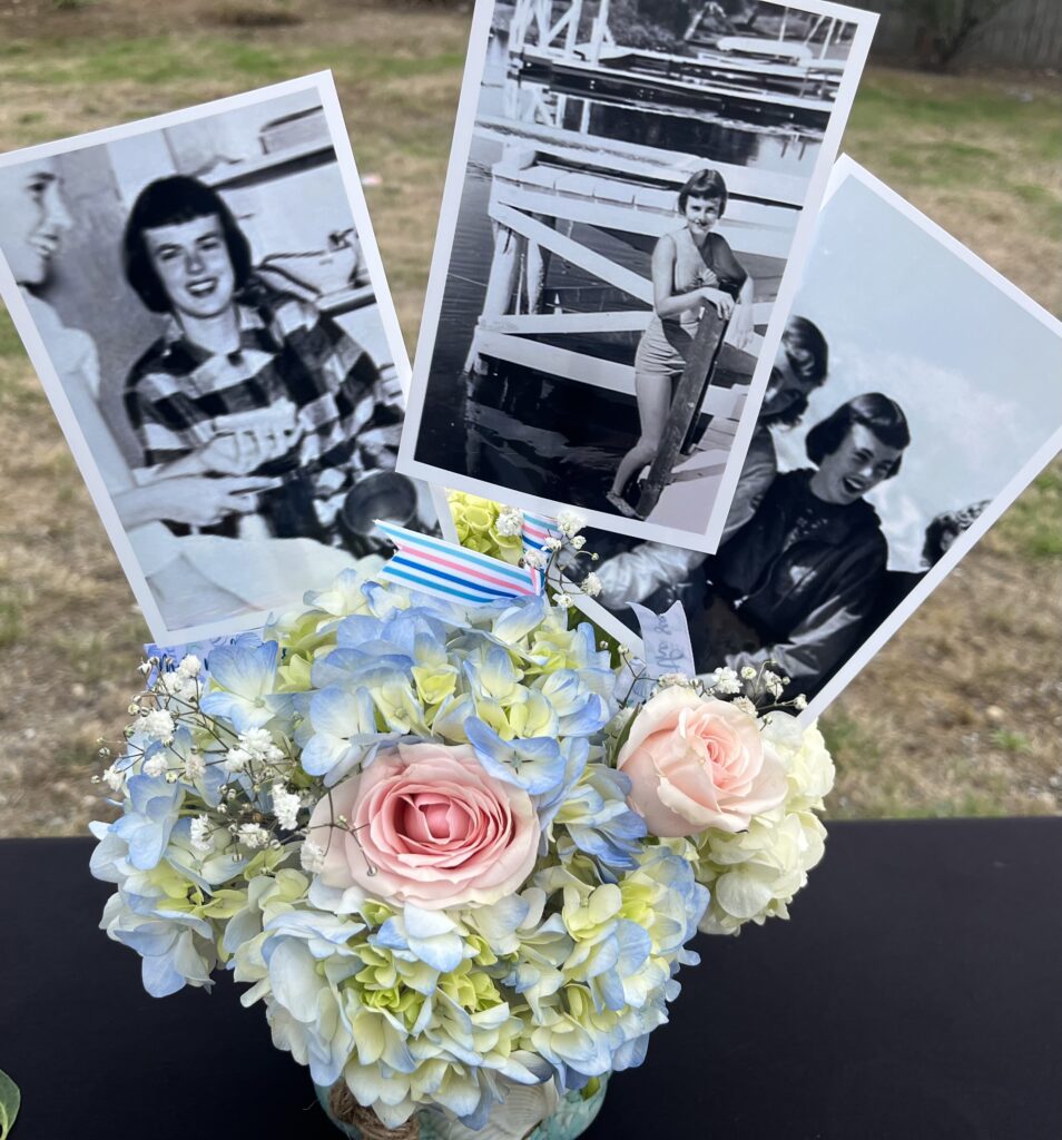 Tribute floral arrangement at a celebration of life gathering