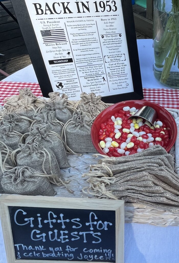 Back in 1953 display board with personalised favour bags for guests